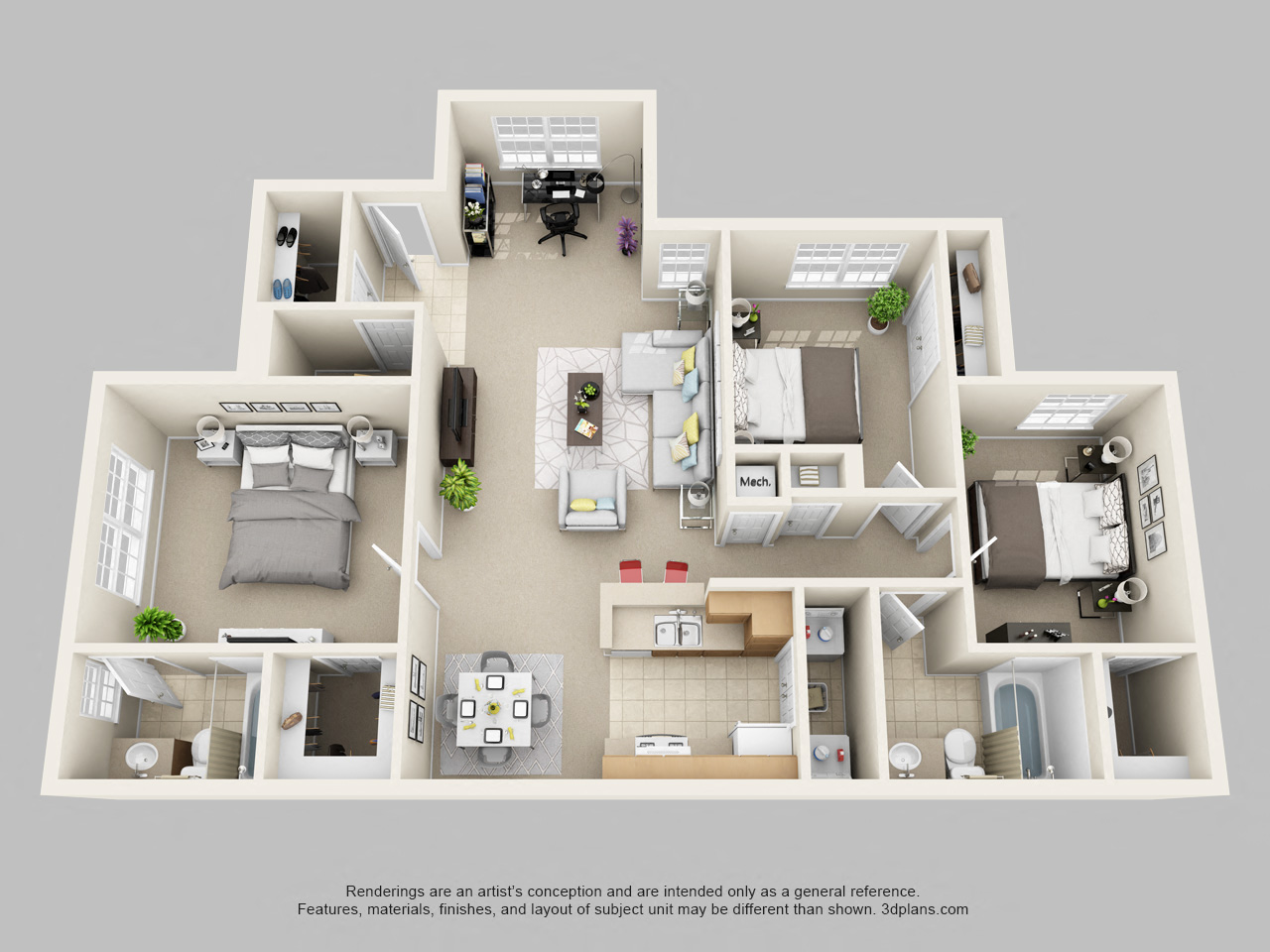 Floor plan for 3 beds, 2 baths, 1217 sqft